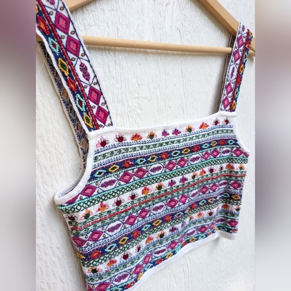 Zara Knit Tribal Beaded Crop Tank Top Boho Festival Summer Women's Size Small - Picture 3 of 7